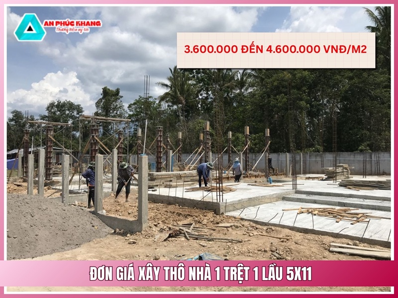 Đơn giá xây thô nhà 1 trệt 1 lầu 5x11