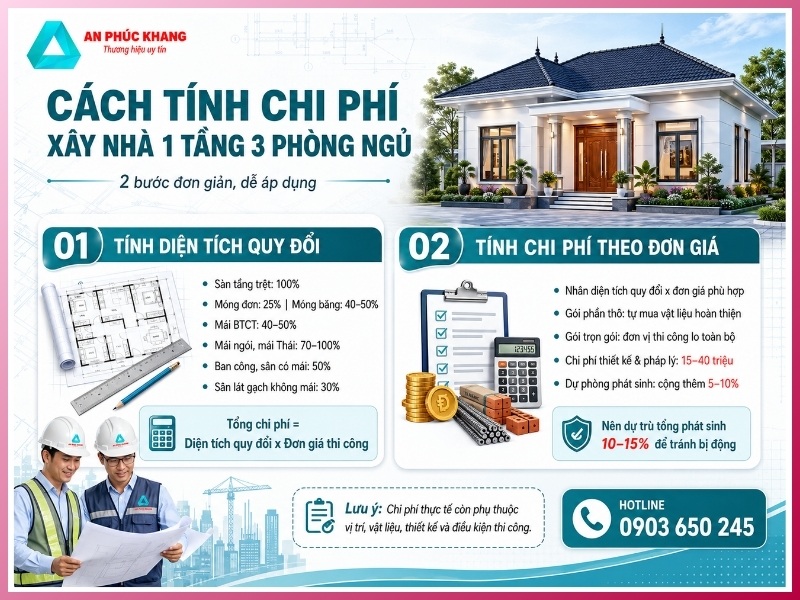 Cách tính chi phí xây nhà 1 tầng 3 phòng ngủ