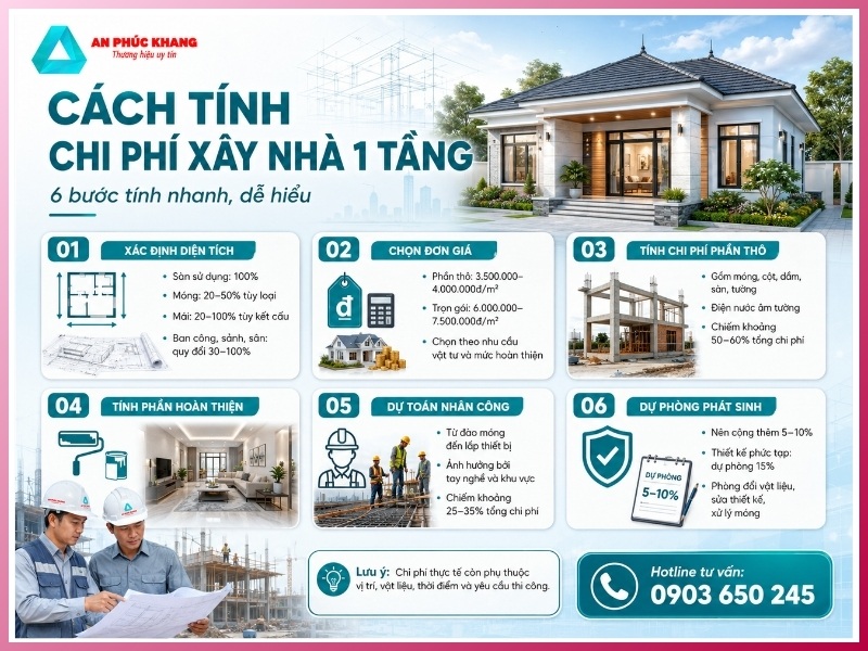 Cách tính chi phí xây nhà 1 tầng theo từng bước
