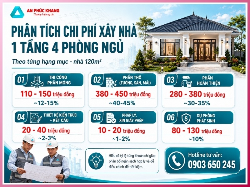 Phân tích chi phí xây nhà 1 tầng 4 phòng ngủ theo từng hạng mục