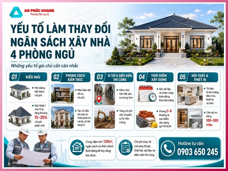 yếu tố làm thay đổi ngân sách xây nhà 4 phòng ngủ