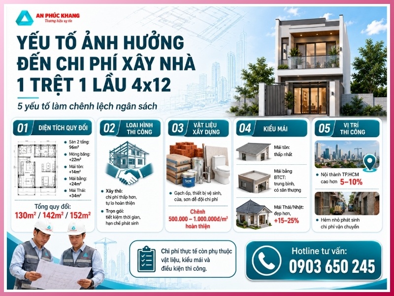 5 yếu tố ảnh hưởng đến chi phí xây nhà 1 trệt 1 lầu 4x12
