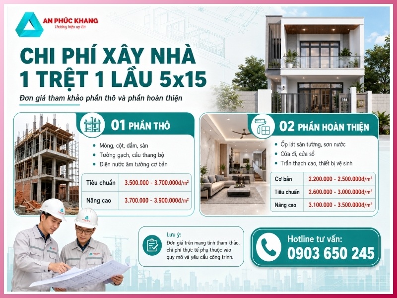 Chi phí xây nhà 1 trệt 1 lầu 5x15 mới nhất