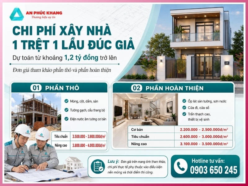 Chi phí xây nhà 1 trệt 1 lầu đúc giả bao nhiêu?