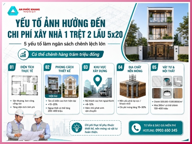 yếu tố ảnh hưởng đến chi phí xây nhà 1 trệt 2 lầu 5x20