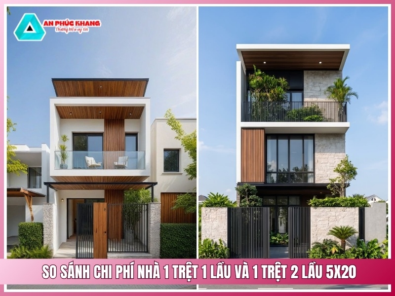 So sánh chi phí nhà 1 trệt 1 lầu và 1 trệt 2 lầu 5x20