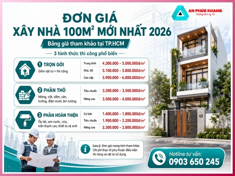 Đơn giá xây nhà 100m2 mới nhất