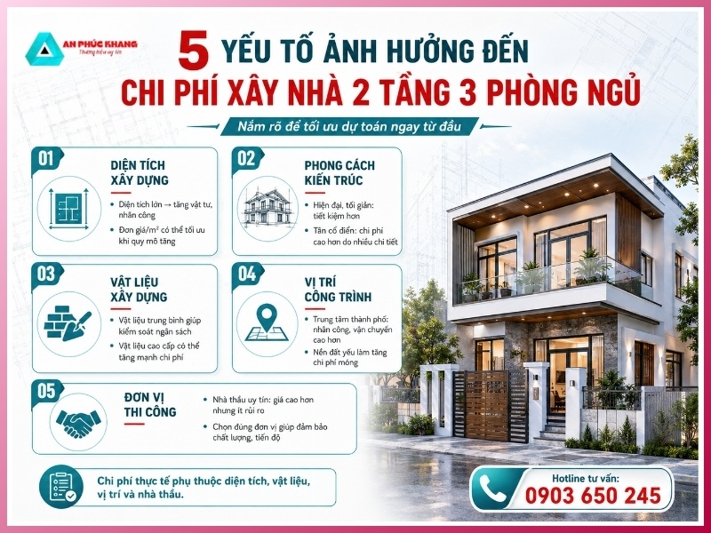 yếu tố ảnh hưởng đến chi phí xây nhà 2 tầng 3 phòng ngủ