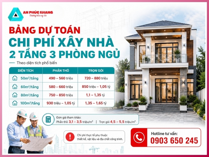 Bảng dự toán chi phí xây nhà 2 tầng 3 phòng ngủ theo diện tích
