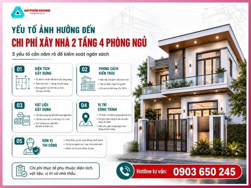 yếu tố ảnh hưởng đến chi phí xây nhà 2 tầng 4 phòng ngủ