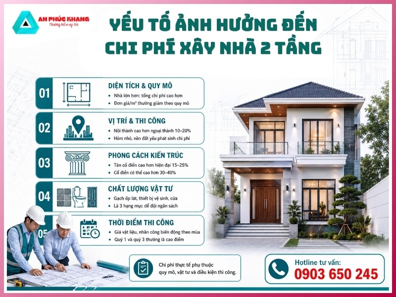 yếu tố ảnh hưởng đến chi phí xây nhà 2 tầng
