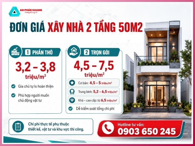 Đơn giá xây nhà 2 tầng 50m2