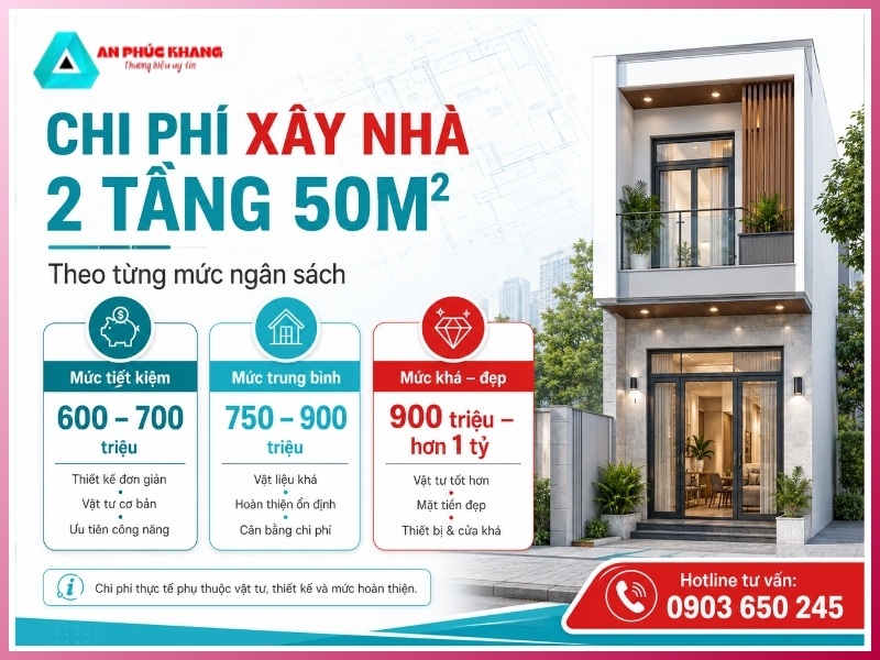 Chi phí xây nhà 2 tầng 50m2 theo từng mức ngân sách