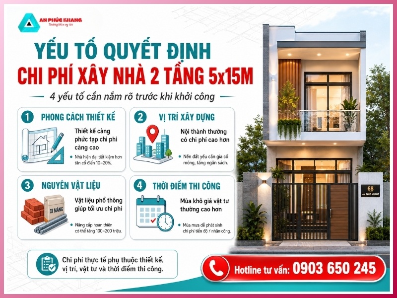 yếu tố quyết định chi phí xây nhà 2 tầng 5x15m