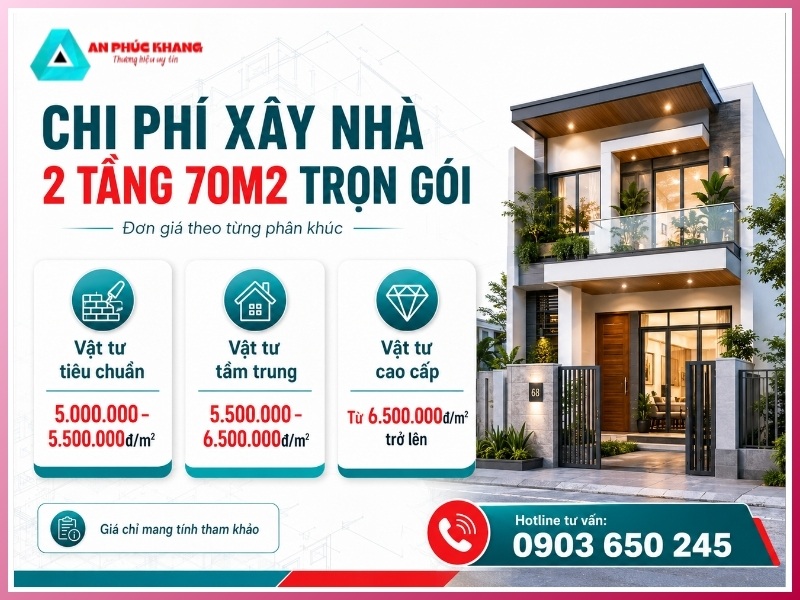 Chi phí xây nhà 2 tầng 70m2 trọn gói