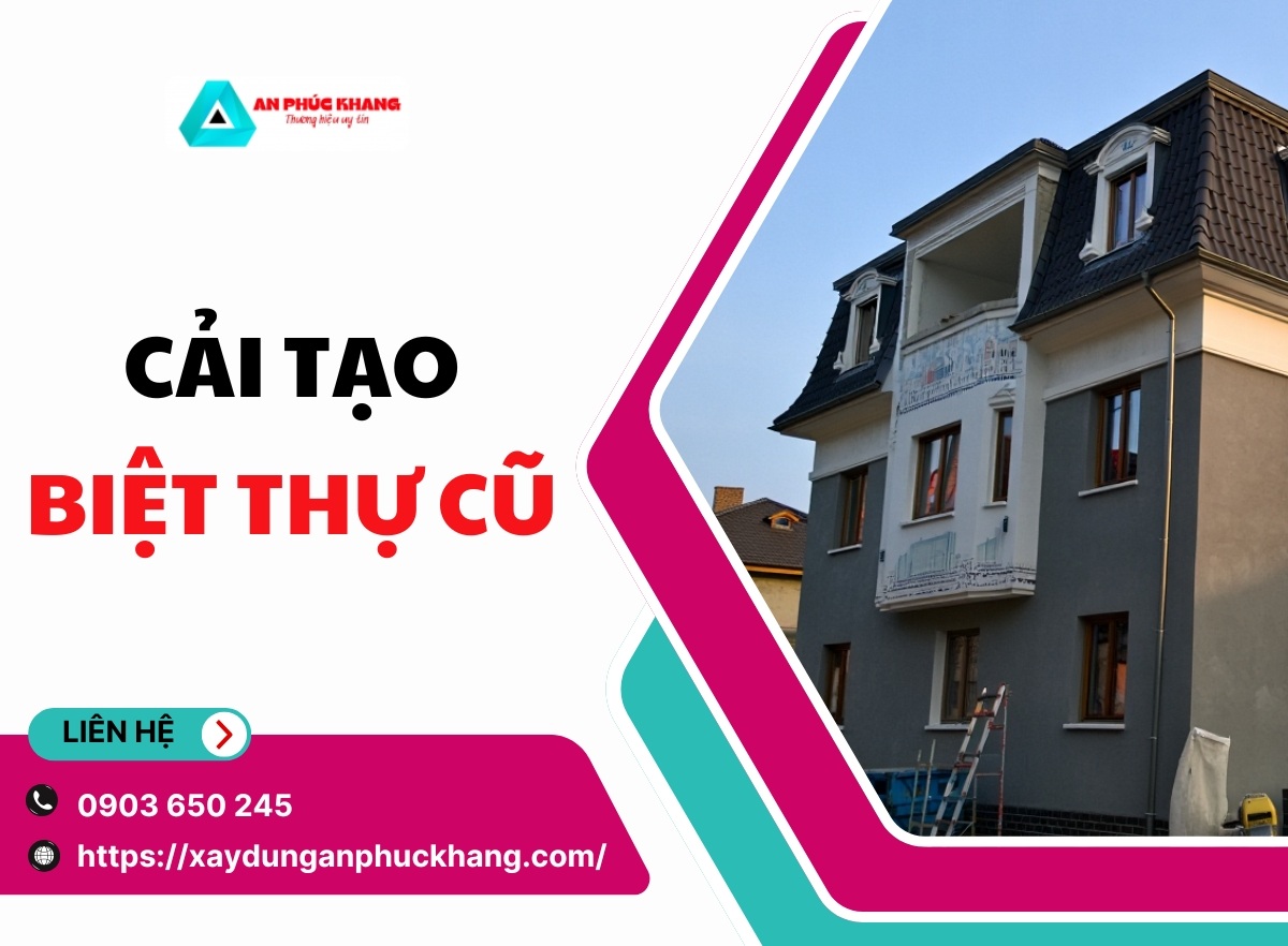 Theo thời gian, nhiều ngôi biệt thự từng sang trọng nay đã xuống cấp, lỗi thời, không còn phù hợp với xu hướng kiến trúc hiện đại. Việc xây mới hoàn toàn sẽ tốn kém rất nhiều chi phí. Thay vào đó, cải tạo biệt thự cũ là lựa chọn tối ưu hơn – vừa tiết kiệm ngân sách, vừa giữ lại được vị trí đẹp, không gian rộng rãi và phần kết cấu vẫn còn sử dụng tốt. Xây Dựng An Phúc Khang chuyên nhận cải tạo, sửa chữa biệt thự cũ tại TP.HCM, từ biệt thự cổ, biệt thự xuống cấp cho đến các công trình cần nâng cấp tiện nghi. Chúng tôi mang đến giải pháp trọn gói. Theo dõi bài viết dưới đây để tìm hiểu chi tiết về quy trình, bảng giá cập nhật mới nhất 2025. Lý do cần cải tạo lại biệt thự cũ Việc cải tạo biệt thự cũ là một lựa chọn thông minh, phản ánh nhu cầu nâng cao chất lượng sống, đồng thời khắc phục các hạn chế về mặt kỹ thuật, thẩm mỹ và công năng sử dụng. Dưới đây là những lý do phổ biến khiến nhiều gia chủ quyết định tiến hành cải tạo biệt thự xuống cấp thay vì xây mới. Nguyên nhân từ tình trạng công trình Biệt thự cũ thường xuất hiện nhiều vấn đề về chất lượng và an toàn sau thời gian dài sử dụng: Kết cấu xuống cấp sau nhiều năm sử dụng gây mất an toàn khi sinh hoạt; Hệ thống điện nước lỗi thời, không đáp ứng nhu cầu hiện đại như sử dụng thiết bị thông minh hoặc công suất cao; Thiết kế lạc hậu, không còn phù hợp với xu hướng kiến trúc hiện đại; Chống thấm kém hiệu quả, gây ẩm mốc, ảnh hưởng đến sức khỏe của các thành viên trong gia đình; Khả năng cách âm – cách nhiệt kém, khiến ngôi nhà trở nên khó chịu vào mùa nóng hoặc ồn ào vào giờ cao điểm. Nguyên nhân từ nhu cầu sử dụng Ngoài yếu tố kỹ thuật, nhu cầu thay đổi công năng và tiện nghi sống cũng thúc đẩy quyết định cải tạo: Cơ cấu gia đình thay đổi (có thêm thành viên, con cái trưởng thành…) cần điều chỉnh lại công năng sử dụng; Mong muốn nâng cấp tiện nghi sống, biến không gian sống trở nên hiện đại và linh hoạt hơn; Tăng giá trị bất động sản khi có ý định bán hoặc cho thuê trong tương lai; Tiết kiệm chi phí hơn nhiều so với việc đập bỏ và xây dựng lại từ đầu; Đáp ứng các quy định an toàn PCCC, tiêu chuẩn xây dựng mới của nhà nước. Lợi ích kinh tế và thực tế Cải tạo biệt thự cũ mang lại nhiều lợi ích thiết thực cả về chi phí lẫn giá trị khai thác lâu dài: Tận dụng vị trí đắc địa và diện tích đất rộng có sẵn – điều mà biệt thự cũ thường sở hữu; Chi phí cải tạo biệt thự cũ thấp hơn 40–60% so với xây dựng mới hoàn toàn; Thời gian thi công nhanh hơn, nhờ có sẵn phần kết cấu nền móng ban đầu; Giữ lại giá trị kiến trúc đặc trưng như trần cao, cửa vòm, gạch bông – phù hợp với phong cách hoài cổ, Indochine hay Pháp; Hướng đến phát triển bền vững, phù hợp xu hướng sống xanh, hạn chế lãng phí vật liệu xây dựng. Quy định khi cải tạo biệt thự cũ Quá trình cải tạo sửa chữa biệt thự xuống cấp đòi hỏi sự chuẩn bị kỹ lưỡng và tuân thủ nghiêm ngặt các quy định để đảm bảo an toàn và chất lượng công trình: Khảo sát kỹ thuật toàn diện trước khi bắt đầu thi công để đánh giá chính xác tình trạng kết cấu; Xin phép cơ quan chức năng nếu cải tạo thay đổi kết cấu chính hoặc mở rộng diện tích; Đảm bảo an toàn lao động với trang bị bảo hộ đầy đủ cho công nhân; Bảo vệ tài sản xung quanh khỏi bụi bẩn và tác động từ quá trình thi công; Kiểm soát chất lượng vật liệu để đảm bảo độ bền và tương thích với kết cấu cũ; Lập kế hoạch thi công hợp lý để giảm thiểu ảnh hưởng đến sinh hoạt gia đình; Chuẩn bị nguồn tài chính dự phòng 10-15% cho những phát sinh không lường trước; Lựa chọn nhà thầu có kinh nghiệm về cải tạo biệt thự để tránh rủi ro; Thực hiện theo đúng thiết kế đã được phê duyệt để tránh sai sót; Kiểm tra và nghiệm thu từng hạng mục trước khi chuyển sang giai đoạn tiếp theo. Lợi ích khi cải tạo biệt thự cũ Quyết định cải tạo biệt thự cũ thay vì xây mới mang lại nhiều lợi ích thiết thực cho gia chủ về mặt kinh tế lẫn thực tế sử dụng: Tiết kiệm chi phí đáng kể so với việc phá bỏ và xây dựng hoàn toàn mới; Rút ngắn thời gian thi công nhờ tận dụng kết cấu chính có sẵn; Giữ được vị trí đắc địa và diện tích sử dụng đất hiện tại; Tăng giá trị bất động sản với thiết kế hiện đại và tiện nghi mới; Phù hợp xu hướng xanh góp phần bảo vệ môi trường; Linh hoạt trong thiết kế có thể cải tạo từng giai đoạn theo ngân sách; Duy trì kỷ niệm gắn bó với ngôi nhà của gia đình qua nhiều năm. Các hạng mục triển khai khi tiến hành cải tạo lại biệt thự Dự án cải tạo biệt thự cũ thường bao gồm nhiều hạng mục khác nhau tùy thuộc vào tình trạng hiện tại và mục tiêu cải tạo của gia chủ. Cải tạo kết cấu và móng Gia cố móng và kết cấu chịu lực nếu có dấu hiệu xuống cấp; Sửa chữa hoặc thay thế hệ thống mái nhà bị hư hỏng; Cải tạo hệ thống cầu thang đảm bảo an toàn và thẩm mỹ; Mở rộng hoặc thu hẹp không gian theo nhu cầu sử dụng Nâng cấp hệ thống kỹ thuật Thay mới toàn bộ hệ thống điện với thiết bị an toàn hiện đại; Cải tạo hệ thống cấp thoát nước và xử lý nước thải; Lắp đặt hệ thống điều hòa không khí trung tâm; Nâng cấp hệ thống an ninh và camera giám sát. Thiết kế lại không gian Thiết kế lại bố cục phòng để tối ưu hóa công năng sử dụng; Mở rộng phòng khách, phòng bếp theo xu hướng không gian mở; Cải tạo phòng tắm với thiết bị vệ sinh cao cấp; Thiết kế thêm phòng làm việc, phòng giải trí theo nhu cầu. Hoàn thiện và trang trí Sơn lại toàn bộ tường trong và ngoài với màu sắc hiện đại; Lát lại sàn nhà bằng vật liệu cao cấp như gỗ, đá granite; Ốp tường bằng đá tự nhiên hoặc gạch men cao cấp; Thiết kế trần thạch cao với hệ thống chiếu sáng LED. Bảng giá cải tạo nâng cấp biệt thự cũ chi tiết nhất Chi phí cải tạo biệt thự cũ 2025 dao động tùy thuộc vào hạng mục thi công và chất lượng vật liệu lựa chọn. Bảng giá dưới đây giúp gia chủ dễ dàng ước tính ngân sách cho từng hạng mục cụ thể trong dự án cải tạo. Hạng mục cải tạo Đơn giá (VNĐ) Thiết kế và lập kế hoạch 280.000 - 480.000 đ/m2 Nâng cấp hệ thống an ninh 4.500.000 - 18.000.000 đ/hệ thống Cải tạo khu vực sân vườn 900.000 - 2.800.000 đ/m2 Thay mới nội thất cao cấp 4.500.000 - 28.000.000 đ/phòng Sơn sửa nội ngoại thất 110.000 - 230.000 đ/m2 Cải tạo hệ thống điện nước 900.000 - 1.800.000 đ/m2 Lát sàn và ốp tường 180.000 - 480.000 đ/m2 Làm mới tiện ích bổ sung 18.000.000 - 90.000.000 đ/hạng mục  Lưu ý: Bảng giá trên chỉ mang tính chất tham khảo cho từng hạng mục riêng biệt. Giá có thể thay đổi tùy theo tình trạng công trình hiện tại, yêu cầu thiết kế và chất lượng vật liệu lựa chọn. Để nhận báo giá chính xác nhất cho dự án cải tạo biệt thự của bạn, vui lòng liên hệ hotline: 0903 650 245 - 0981 898 319. Kinh nghiệm cải tạo sửa chữa biệt thự tiết kiệm chi phí Để thực hiện dự án cải tạo hiệu quả và tiết kiệm, gia chủ cần nắm vững những kinh nghiệm quý báu từ các chuyên gia trong ngành. Lập kế hoạch chi tiết trước khi khởi công để tránh phát sinh chi phí không cần thiết; Tận dụng tối đa kết cấu và vật liệu còn tốt thay vì thay thế hoàn toàn; Lựa chọn vật liệu phù hợp với ngân sách mà vẫn đảm bảo chất lượng và thẩm mỹ; Thực hiện cải tạo theo giai đoạn nếu ngân sách hạn chế; So sánh giá từ nhiều nhà cung cấp để có được mức giá tốt nhất; Mua vật liệu vào thời điểm khuyến mãi để tiết kiệm chi phí đáng kể; Tự thực hiện một số công việc đơn giản như sơn tường, dọn dẹp; Thiết kế thông minh để giảm thiểu việc di chuyển kết cấu chính; Chọn nhà thầu uy tín để tránh rủi ro và chi phí sửa chữa bổ sung; Đầu tư vào những hạng mục quan trọng như hệ thống điện nước, chống thấm. Công ty sửa chữa cải tạo biệt thự cũ uy tín chuyên nghiệp tại HCM Xây Dựng An Phúc Khang là đơn vị hàng đầu trong lĩnh vực cải tạo biệt thự cũ tại TP.HCM với nhiều năm kinh nghiệm và hàng trăm dự án thành công trên khắp các quận huyện trong thành phố. Ưu điểm nổi bật của An Phúc Khang: Đội ngũ kiến trúc sư và kỹ sư có chuyên môn sâu về cải tạo biệt thự; Kinh nghiệm thực tế với các loại kiến trúc từ cổ điển đến hiện đại; Quy trình khảo sát và thiết kế chuyên nghiệp với công nghệ 3D; Sử dụng vật liệu chính hãng và công nghệ thi công tiên tiến; Đội ngũ thợ lành nghề với kỹ thuật thi công tinh xảo; Tư vấn thiết kế miễn phí tại nhà với chuyên gia giàu kinh nghiệm; Khảo sát kỹ thuật chuyên sâu về kết cấu và hệ thống kỹ thuật; Thiết kế 3D chi tiết giúp gia chủ hình dung rõ ràng về kết quả; Thi công đúng tiến độ với giám sát chất lượng nghiêm ngặt; Bảo hành dài hạn và hỗ trợ bảo trì định kỳ; Hỗ trợ làm thủ tục xin phép cải tạo nếu cần thiết; Tư vấn pháp lý về quyền sở hữu và sử dụng đất; Dịch vụ chăm sóc khách hàng 24/7 trong suốt quá trình thi công. Quy trình cải tạo nâng cấp các hạng mục biệt thự cũ Quy trình cải tạo tại An Phúc Khang được thiết kế khoa học và chuyên nghiệp, đảm bảo hiệu quả cao và giảm thiểu rủi ro trong quá trình thực hiện. Bước 1: Khảo sát và tư vấn Khảo sát toàn diện tình trạng công trình và tư vấn giải pháp tối ưu. Lập báo cáo kỹ thuật chi tiết và đề xuất phương án cải tạo phù hợp với ngân sách. Bước 2: Thiết kế và lập dự toán Thiết kế chi tiết các hạng mục cải tạo với bản vẽ 3D trực quan. Lập dự toán chính xác và ký hợp đồng thi công với các điều khoản rõ ràng. Bước 3: Chuẩn bị thi công Làm thủ tục xin phép nếu cần thiết và chuẩn bị mặt bằng thi công. Vận chuyển vật liệu, thiết bị và bố trí nhân lực phù hợp. Bước 4: Tháo dỡ và dọn dẹp Tháo dỡ các hạng mục cũ theo đúng kế hoạch và vận chuyển ra khỏi công trình. Dọn dẹp mặt bằng và bảo vệ các kết cấu còn sử dụng. Bước 5: Thi công các hạng mục mới Thực hiện thi công theo đúng thiết kế và tiến độ đã cam kết. Kiểm soát chất lượng nghiêm ngặt từng công đoạn và báo cáo tiến độ định kỳ. Bước 6: Hoàn thiện và bàn giao Hoàn thiện các chi tiết cuối cùng và vệ sinh toàn bộ công trình. Bàn giao công trình kèm theo hồ sơ kỹ thuật và hướng dẫn bảo trì. Lưu ý khi tiến hành cải tạo sửa chữa biệt thự xuống cấp Đối với những biệt thự có tuổi đời cao và xuống cấp nghiêm trọng, cần có những lưu ý đặc biệt để đảm bảo an toàn và hiệu quả của quá trình cải tạo: Đánh giá chính xác mức độ xuống cấp của kết cấu chính và hệ thống kỹ thuật; Ưu tiên gia cố kết cấu trước khi thực hiện các hạng mục trang trí; Kiểm tra hệ thống móng để đảm bảo khả năng chịu tải sau cải tạo; Thay mới hoàn toàn hệ thống điện để đảm bảo an toàn phòng cháy nổ; Cải tạo hệ thống cấp thoát nước tránh ngập úng và ô nhiễm; Sử dụng vật liệu chống ẩm mốc phù hợp với khí hậu nhiệt đới; Tăng cường thông gió tự nhiên để cải thiện chất lượng không khí; Lắp đặt hệ thống chống sét cho những biệt thự có chiều cao lớn; Kiểm tra định kỳ trong quá trình thi công để phát hiện sớm các vấn đề; Lập hồ sơ hoàn công đầy đủ để phục vụ cho việc bảo trì và sử dụng lâu dài.  Cải tạo biệt thự cũ không chỉ mang lại diện mạo mới cho ngôi nhà mà còn nâng cao chất lượng cuộc sống và gia tăng giá trị bất động sản đáng kể. Với đội ngũ chuyên nghiệp và kinh nghiệm dày dặn, Xây Dựng An Phúc Khang cam kết biến ước mơ về không gian sống lý tưởng của bạn thành hiện thực. Để được tư vấn miễn phí về dự án cải tạo biệt thự và nhận báo giá chi tiết, hãy liên hệ ngay với chúng tôi qua hotline: 0903 650 245 - 0981 898 319.